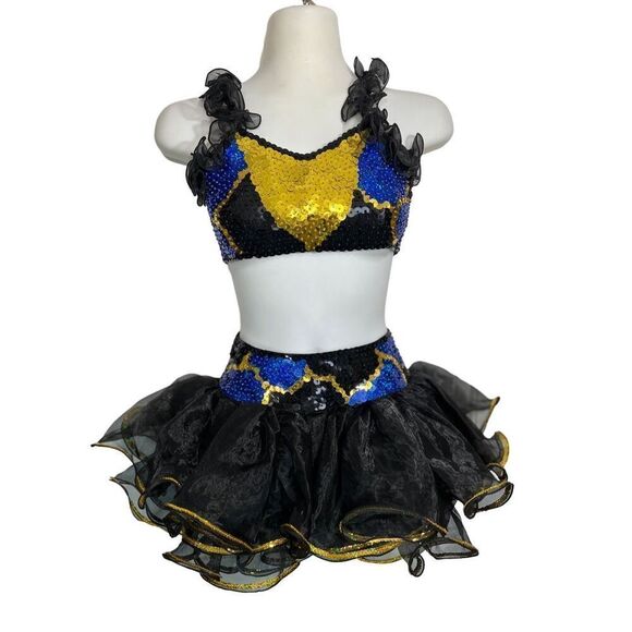 Black Gold Dance Cheer Pageant Costume Sequins Girls Medium CM 6pc Halter Tutu - Picture 3 of 14